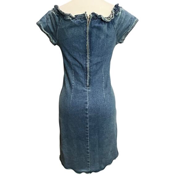 Moda International Y2K Denim Dress 6 Blue Ruffle Neck Milkmaid Stretch Retro - Picture 4 of 15